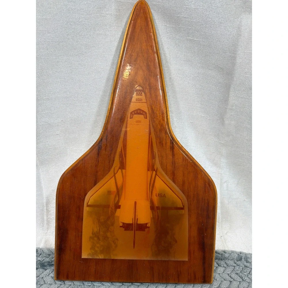 Vintage NASA Space Shuttle Wood Wall Plaque 3D Orange Resin Art 16.5 Inch USA